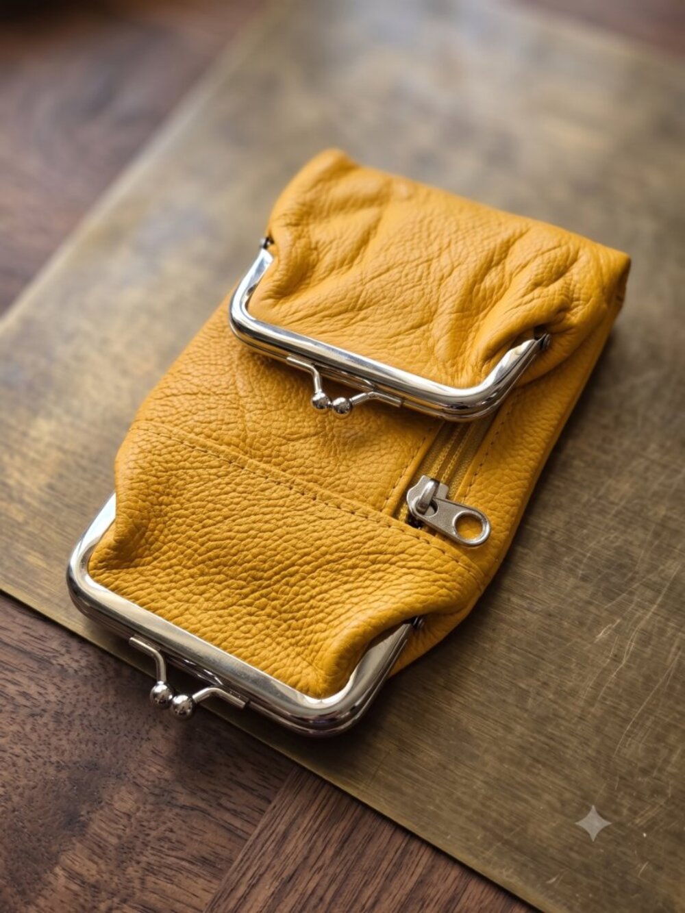 Women's Genuine Leather Clutch Coin Purse with Lighter Pouch, Mustard Yellow
